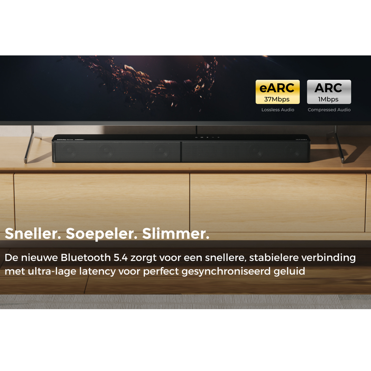 A soundbar on a cabinet is highlighted, emphasizing its Bluetooth 5.4 for faster, stable connections and synchronized audio.