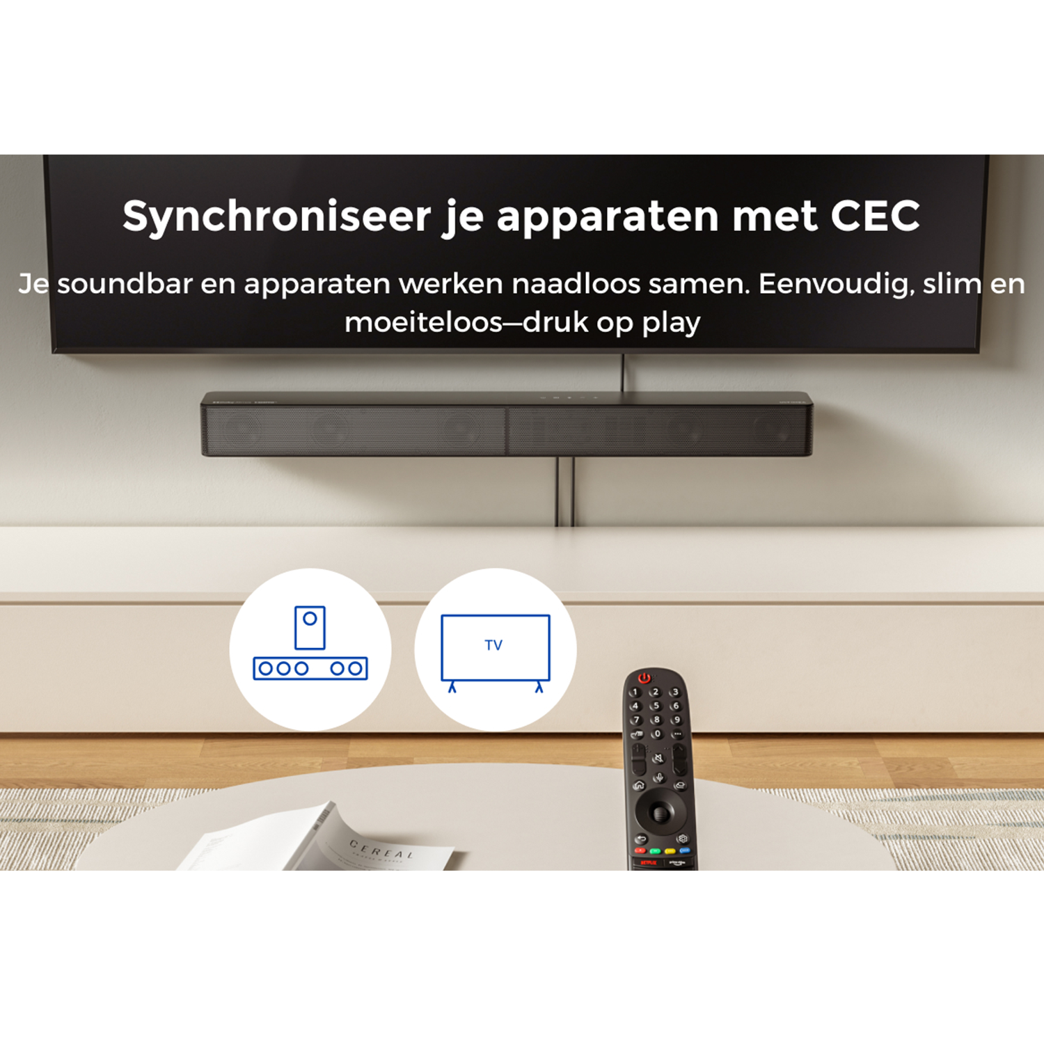 A soundbar is mounted below a TV. A remote and icons for sound and TV are on a table.