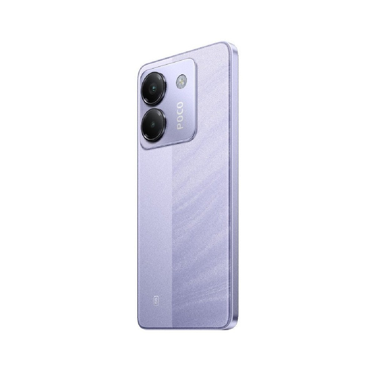Ein lavendelfarbenes Smartphone auf weißem Hintergrund, Rückseite mit Kameras und POCO-Logo.
