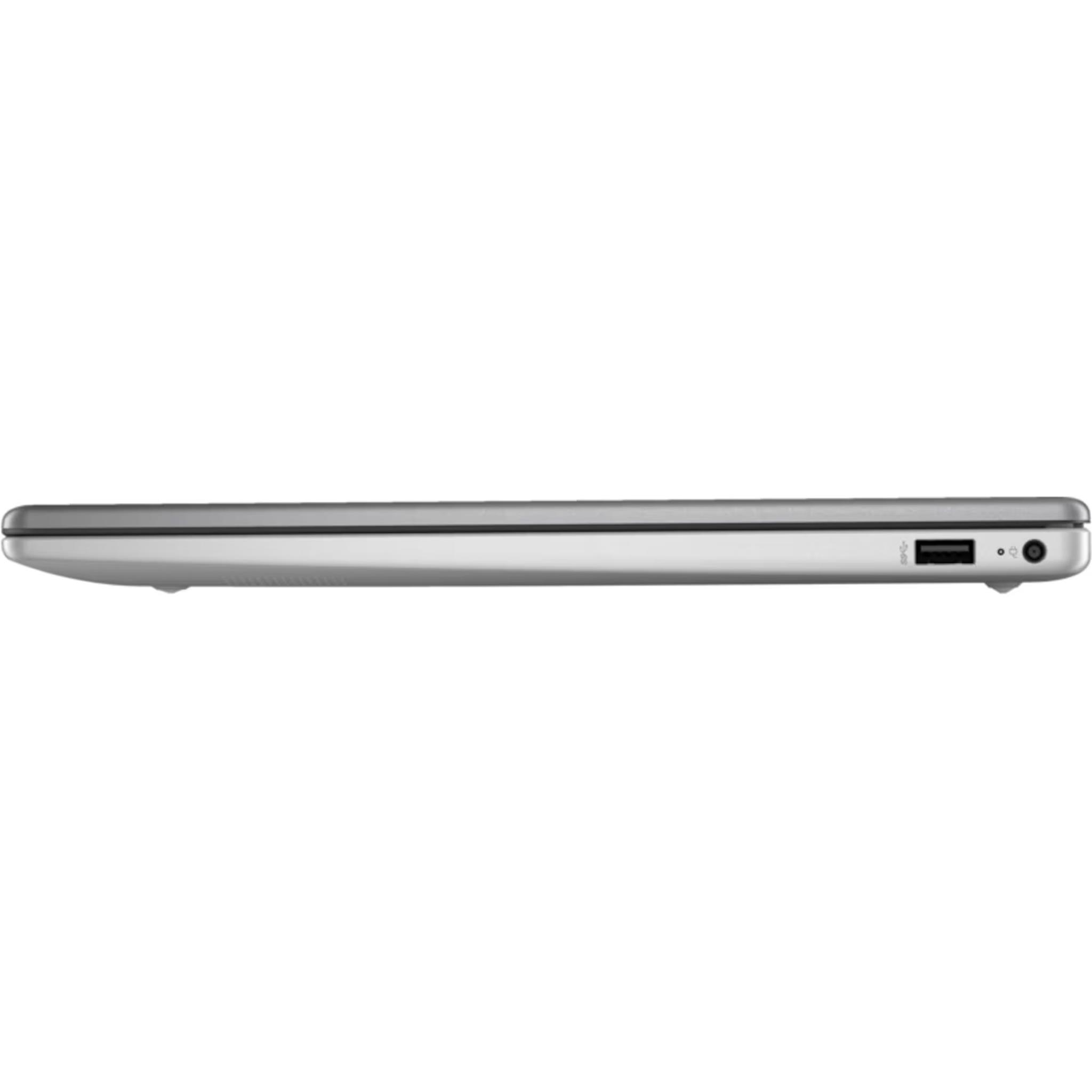 Seitenansicht eines silbernen Laptops mit Anschlüssen und einem Einschaltknopf.