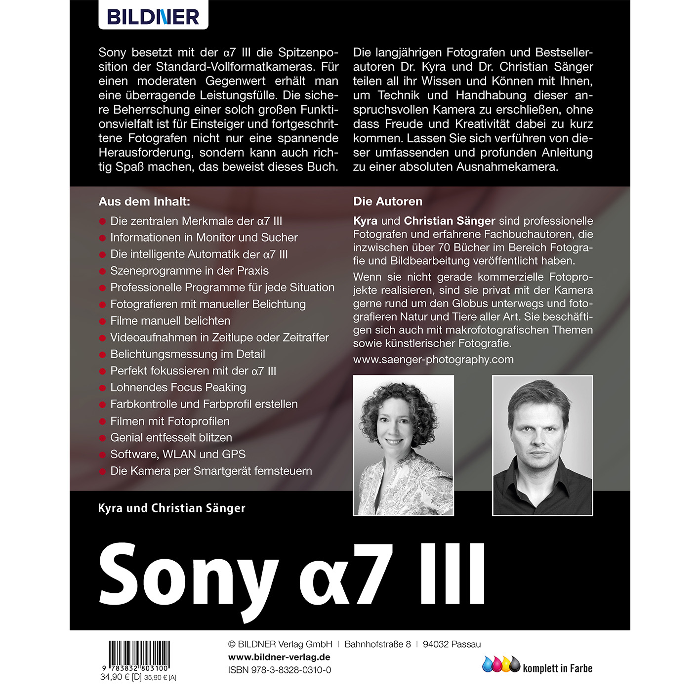 Seite aus einem Buch über Sony α7 III. Text und Bilder der Kamera sowie der Autoren Kyra und Christian Sänger.