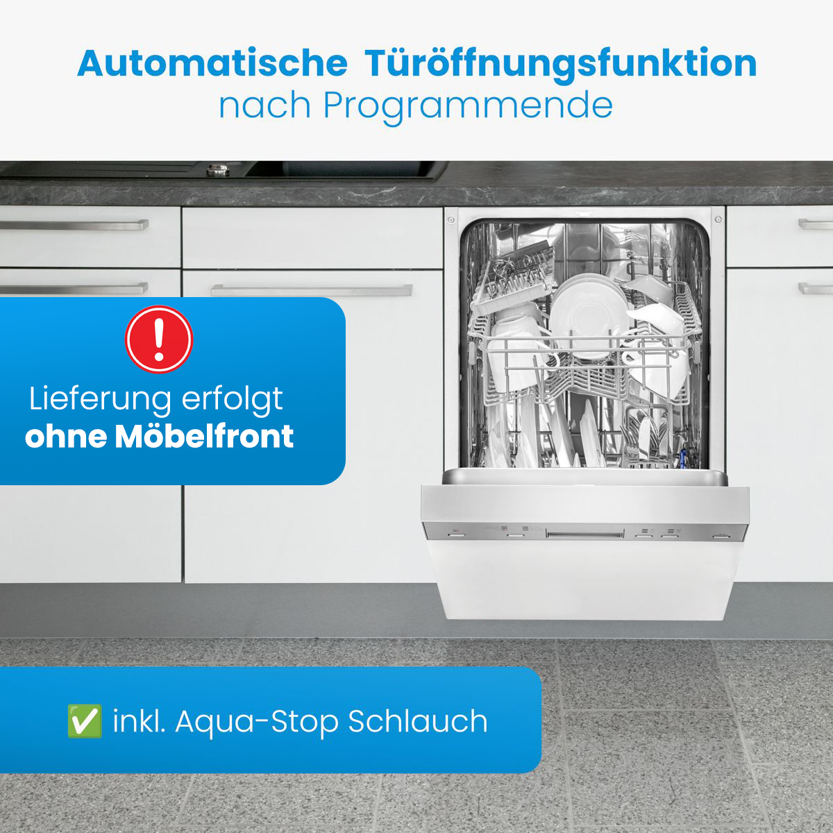 Ein Geschirrspüler mit offener Tür, gefüllt mit Geschirr, in weißen Schränken. Text links weist auf Funktionen hin.