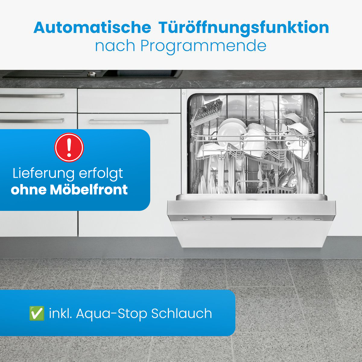 Ein Geschirrspüler mit offener Tür, in weißen Schränken. Text links listet Funktionen auf. Grauer Boden im Vordergrund.