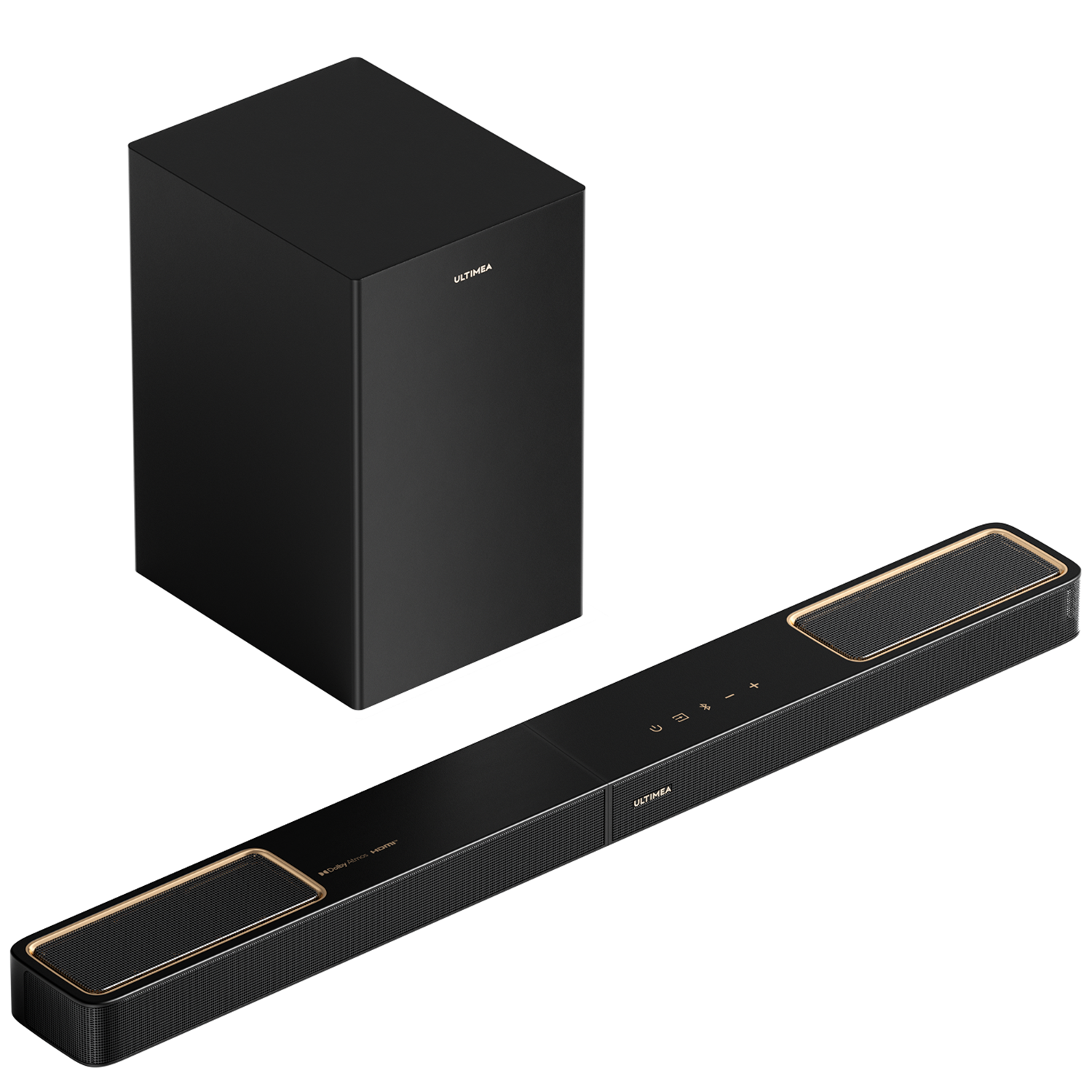 Czarny soundbar i pasujący subwoofer. Soundbar ma elegancki design ze złotymi akcentami.