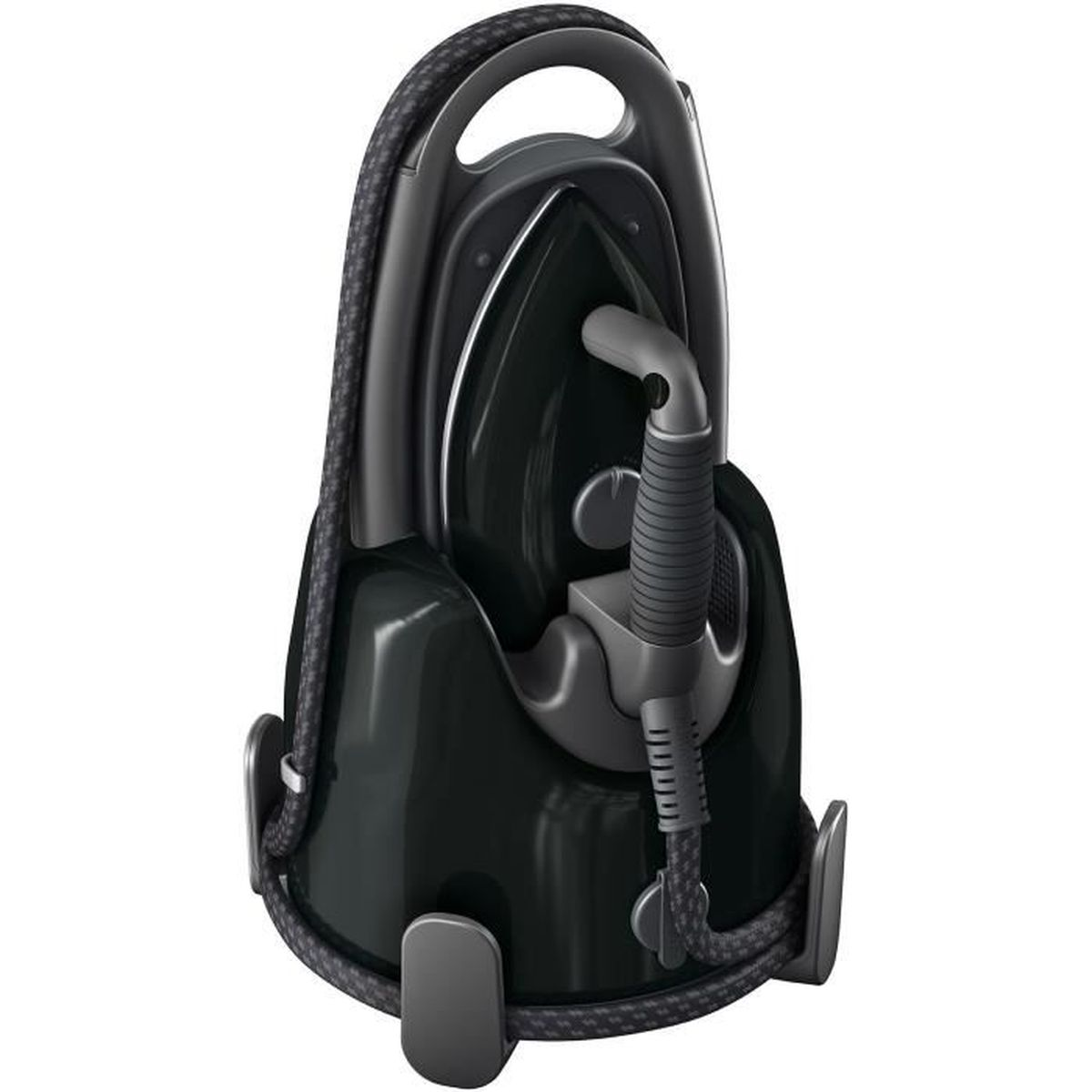 Ein schwarzes Dampfbügeleisen in einem schwarzen Halter mit langem Kabel darum gewickelt.