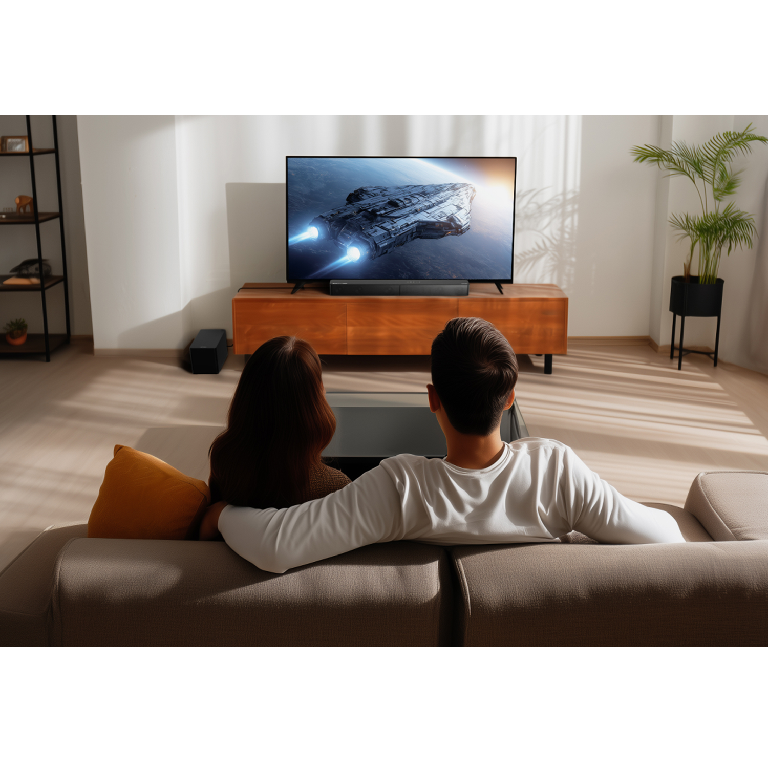 A couple is on a couch watching a TV with a soundbar below. The TV shows a spaceship.