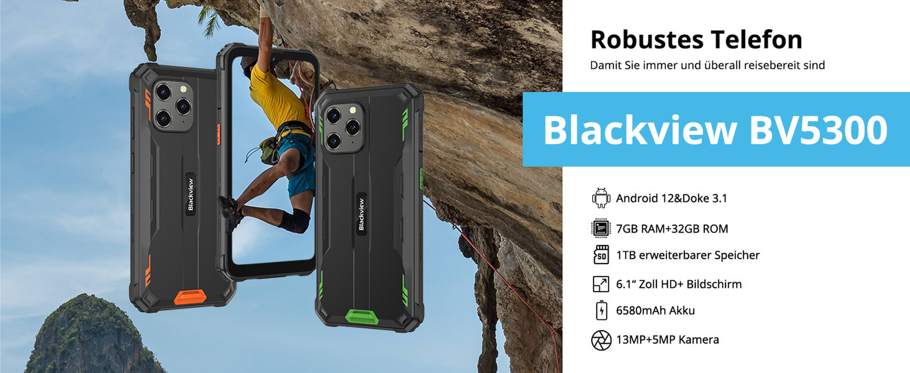 Dwa smartfony, wytrzymałe obudowy, na tle skał. Teksty i ikony pokazują funkcje telefonu.