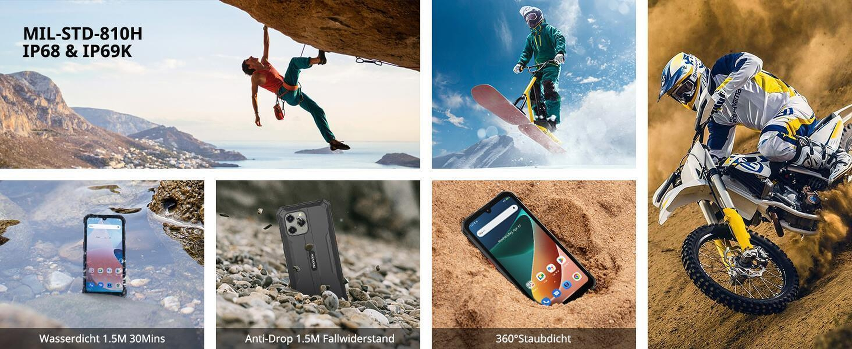 Mężczyzna wspinający się po skale, inny jeżdżący na snowboardzie, osoba na motocyklu i trzy zdjęcia telefonów w różnych ustawieniach.