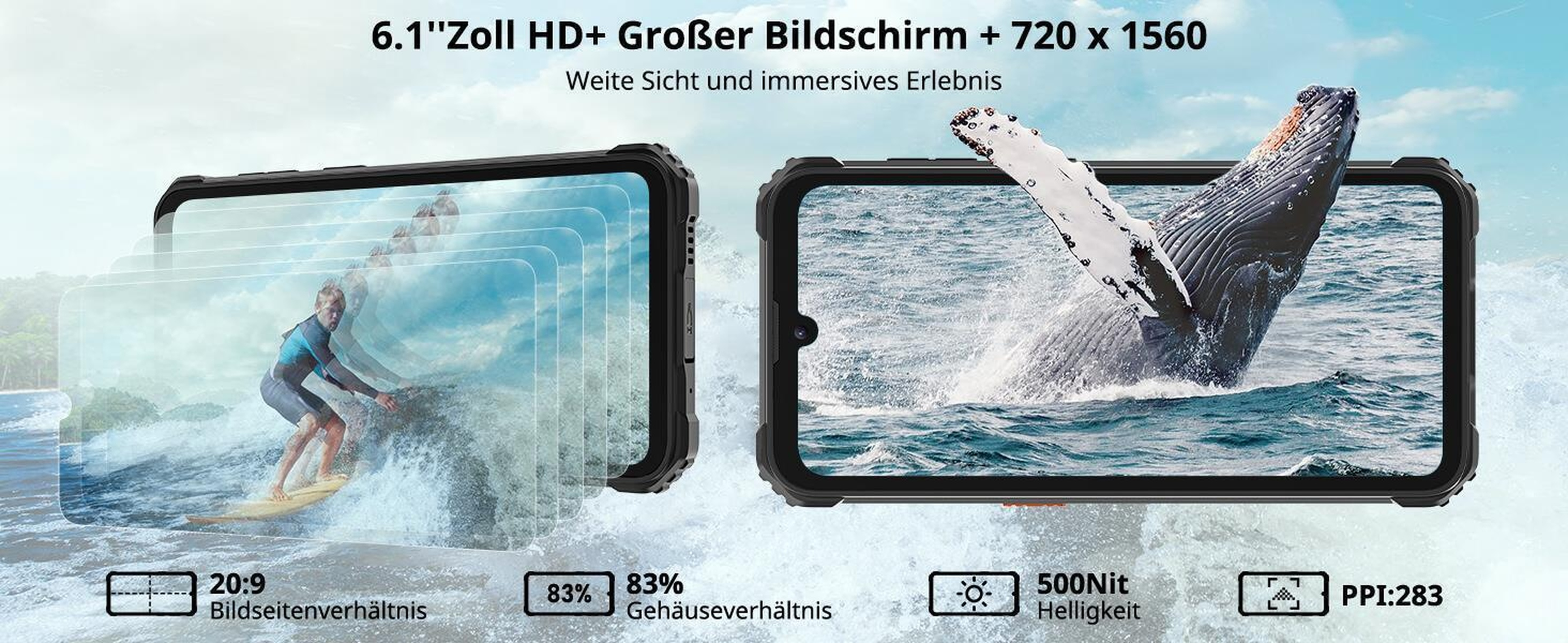 Dwa telefony pokazujące obrazy surfingu i wielorybów. Tekst: ekran HD+ 6,1", 720x1560, 20:9, proporcja ekranu 83%, jasność 500Nit.