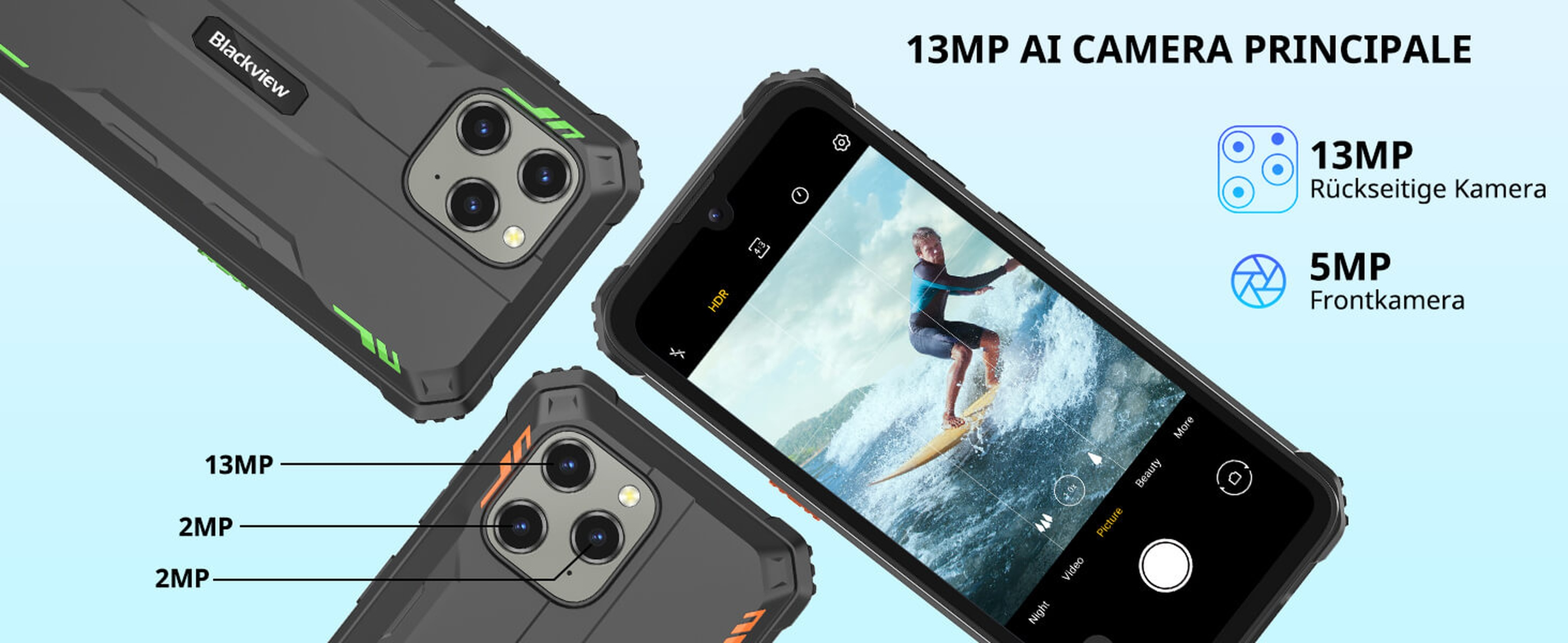 Zbliżenie trzech telefonów ze szczegółami aparatu i osobą surfującą. Tekst: 13MP AI camera principale, 13MP, 5MP, logo Blackview.