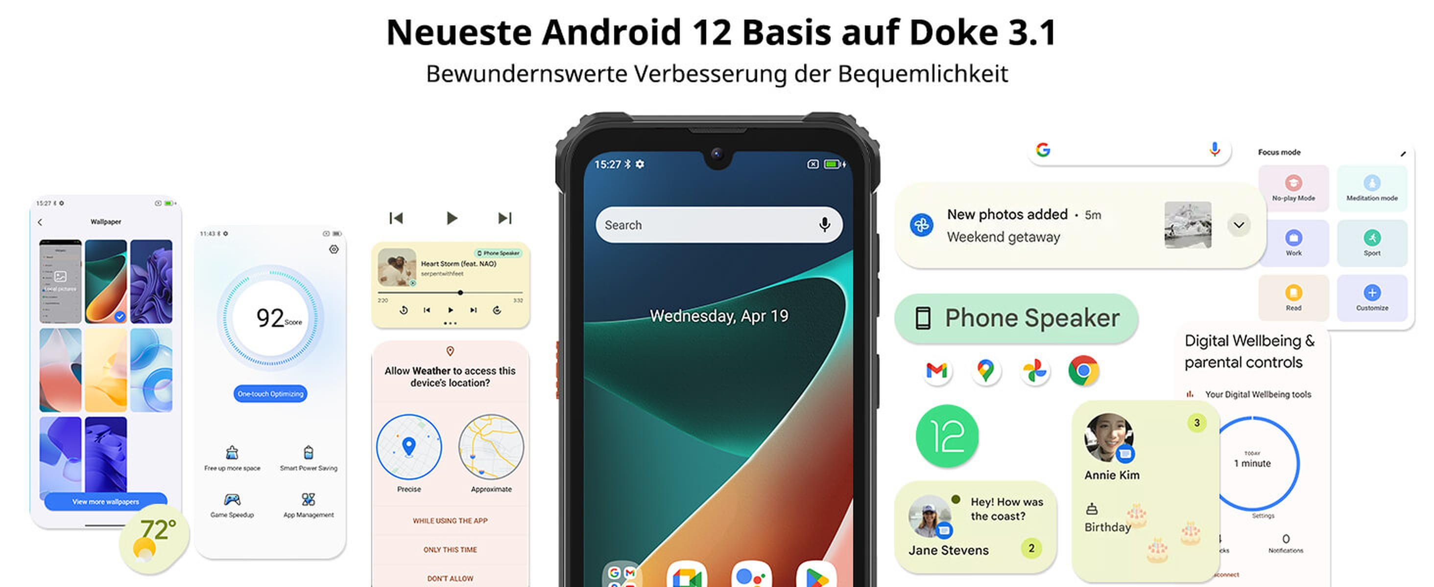 Ekran smartfona wyświetla różne interfejsy i funkcje aplikacji z nakładką tekstową.