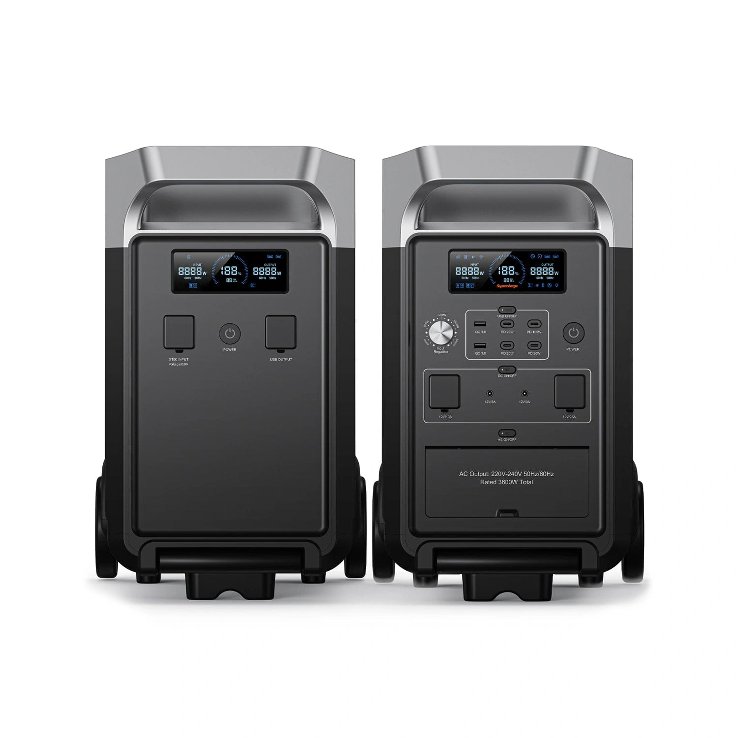 Dwie czarno-srebrne stacje zasilania. Lewa ma wyświetlacz z przyciskiem zasilania i portami USB.