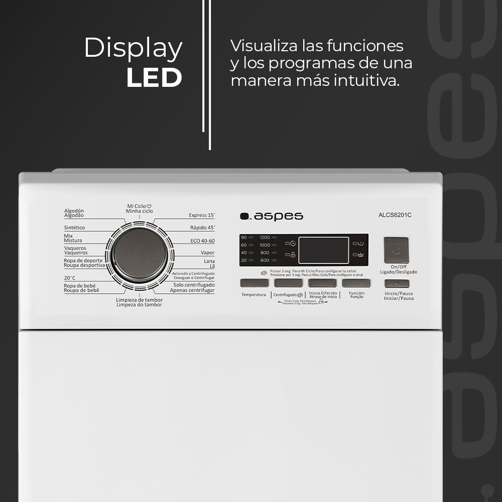 Panel de control de lavadora, con botones y una pantalla que muestra varias configuraciones.
