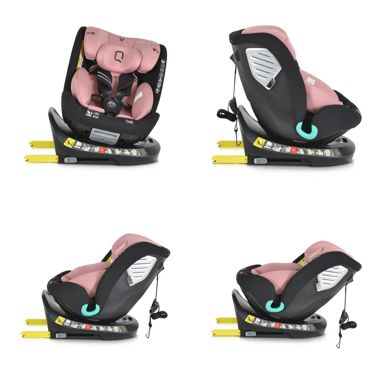 Vier Ansichten eines rosa-schwarzen Kindersitzes, abgewinkelt, mit gelber Basis.