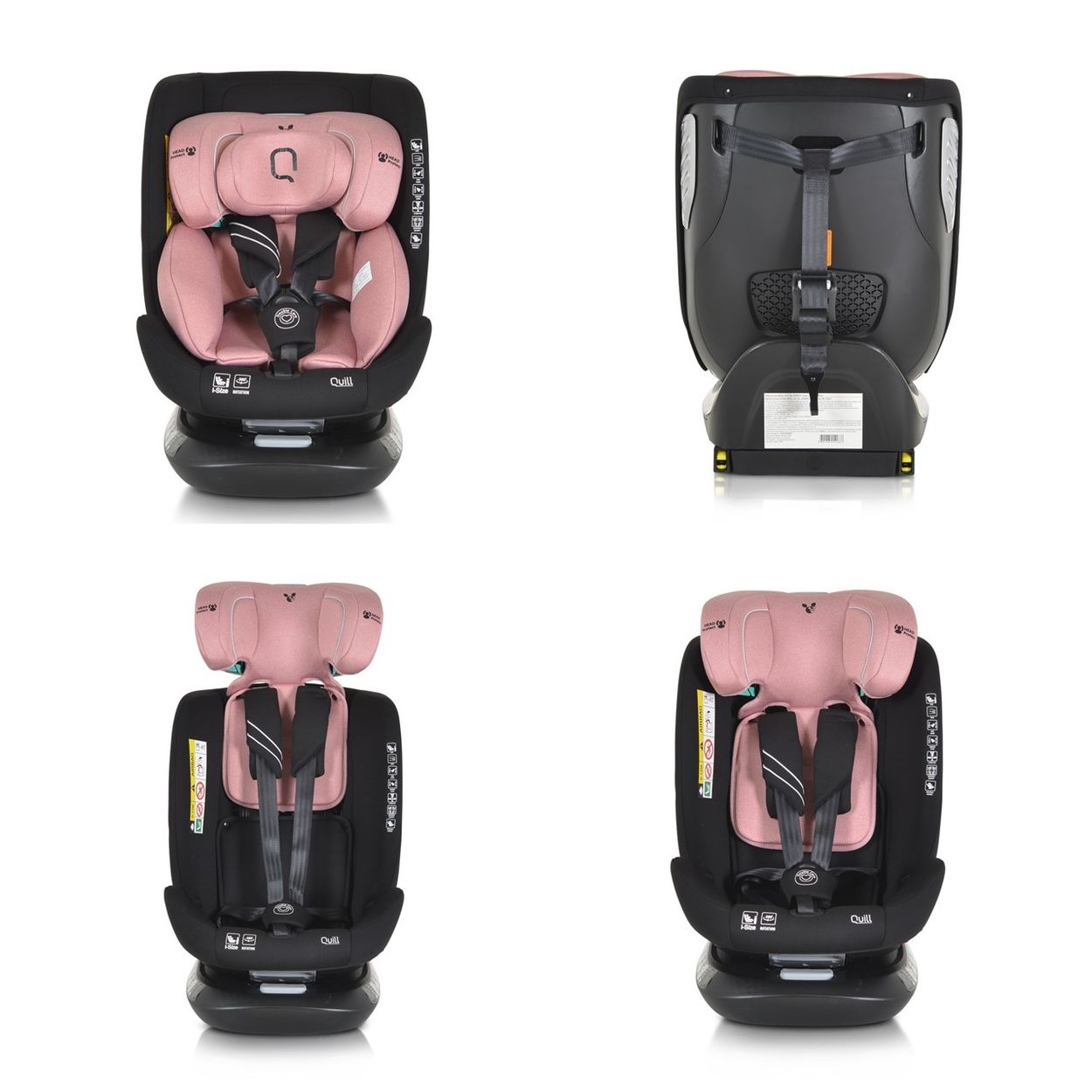 Vier Ansichten eines rosa Kindersitzes mit schwarzer Basis und Kopfstütze.