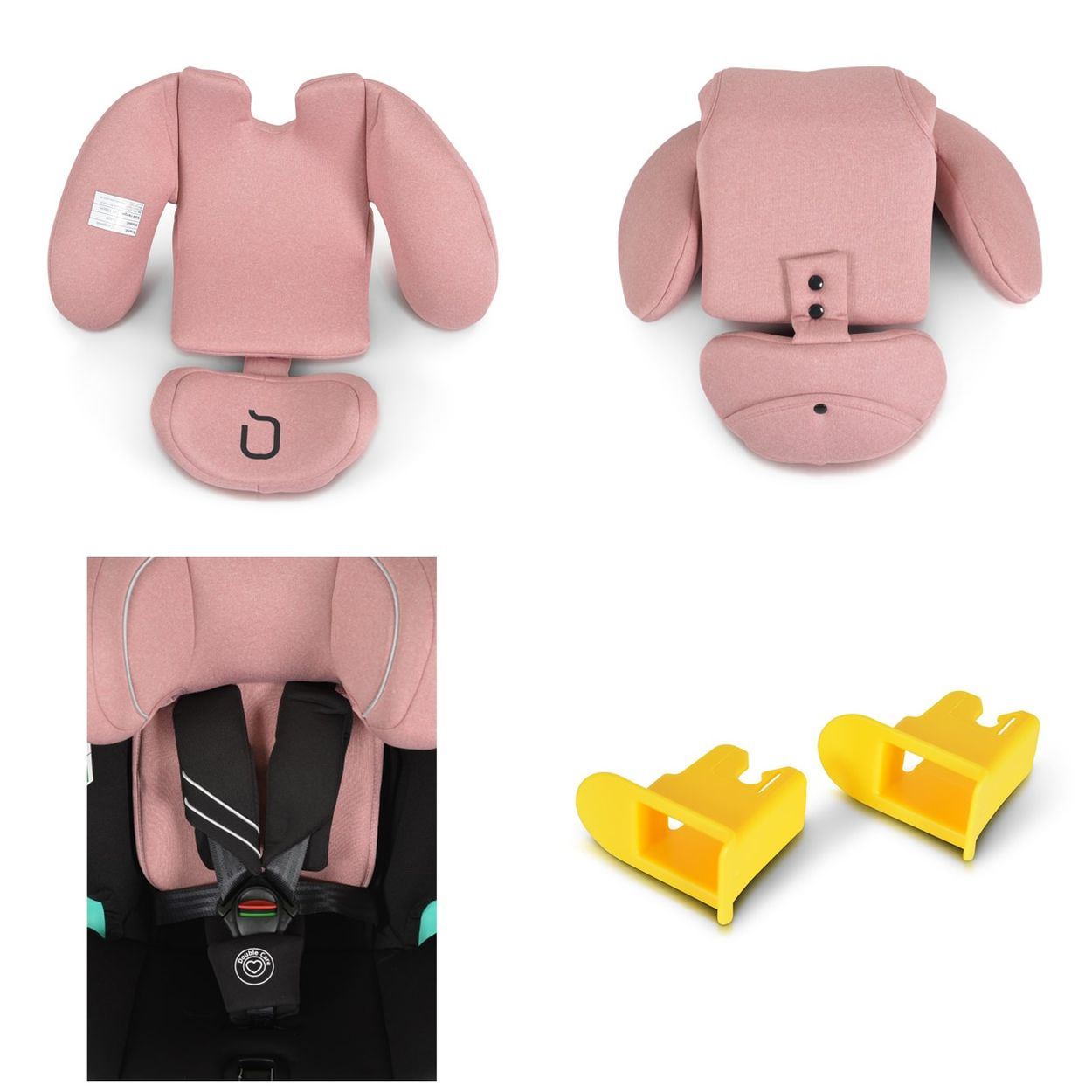Bilder von rosa-schwarzen Kindersitzkomponenten: Kopfstütze, Armlehnen und Basis.