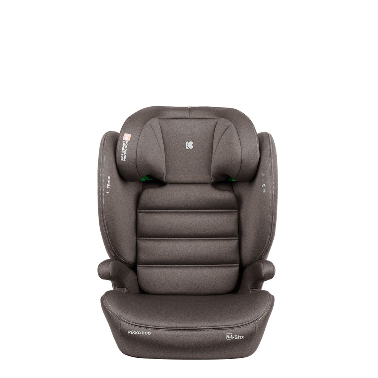 Vorderansicht eines grauen Kikka Boo Kindersitzes mit Kopfstütze und Seitenaufprall.