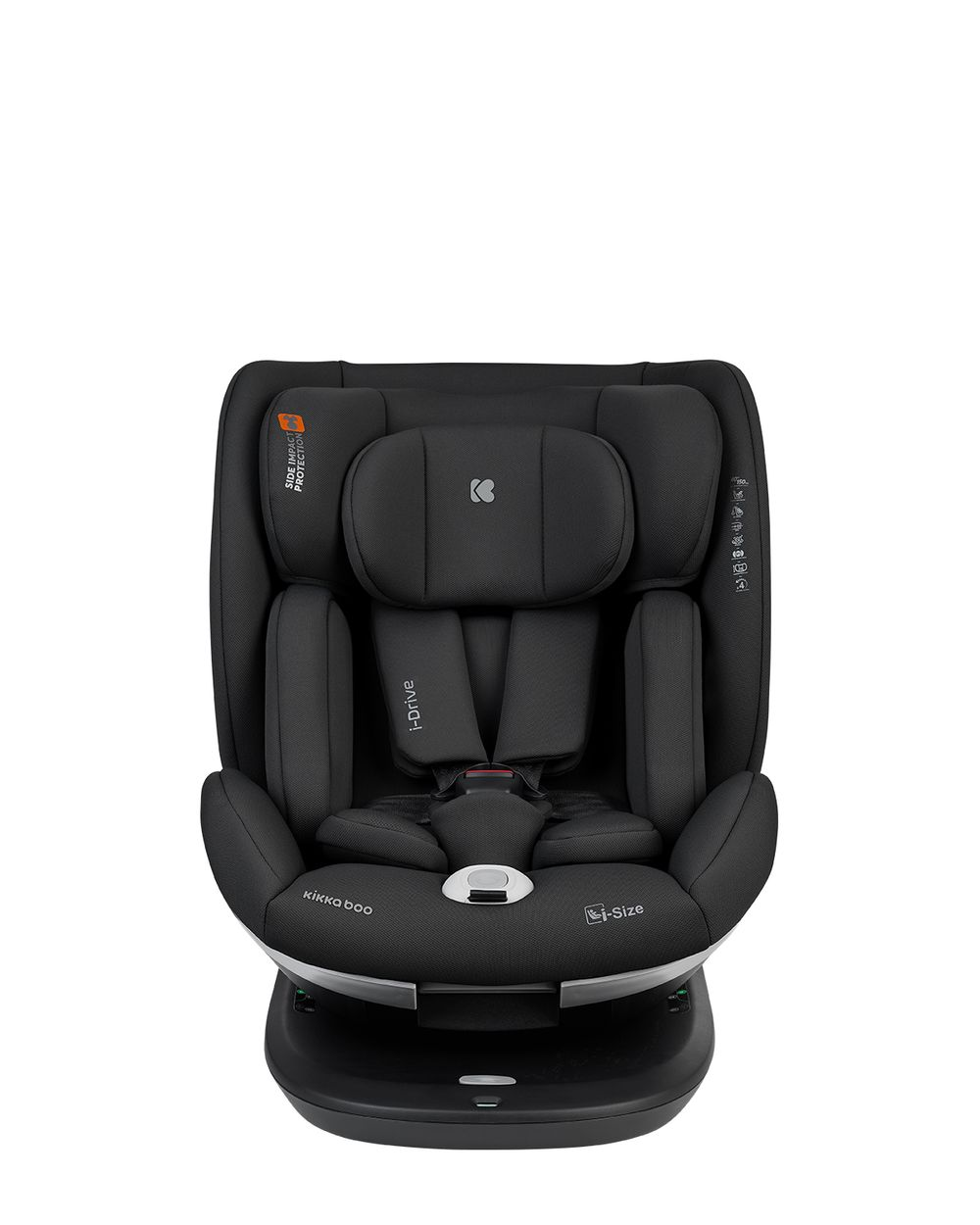 Vista frontal de una silla de coche infantil negra con reposacabezas.