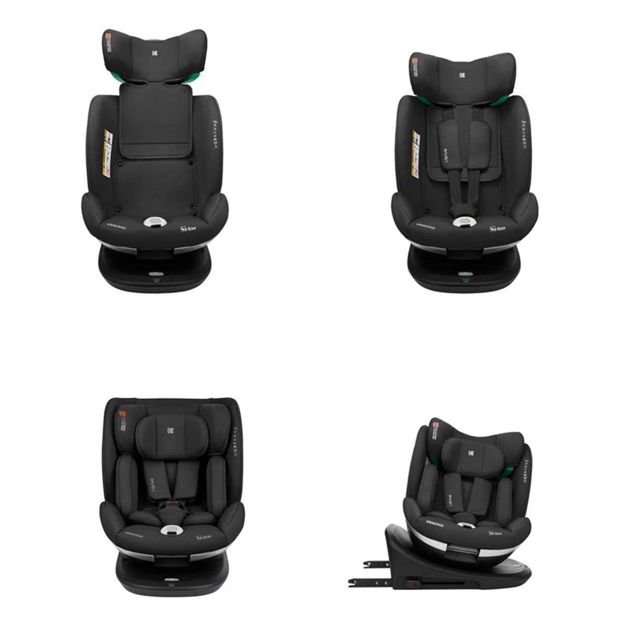 Cuatro vistas de un asiento de coche negro. El asiento tiene reposacabezas y es seguro.