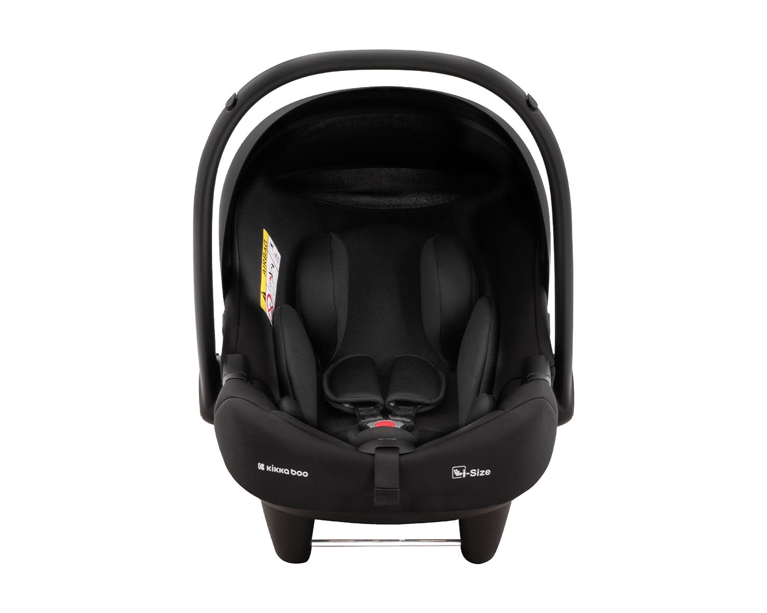 Ein schwarzer Babysitz mit Griff und Innenpolsterung.