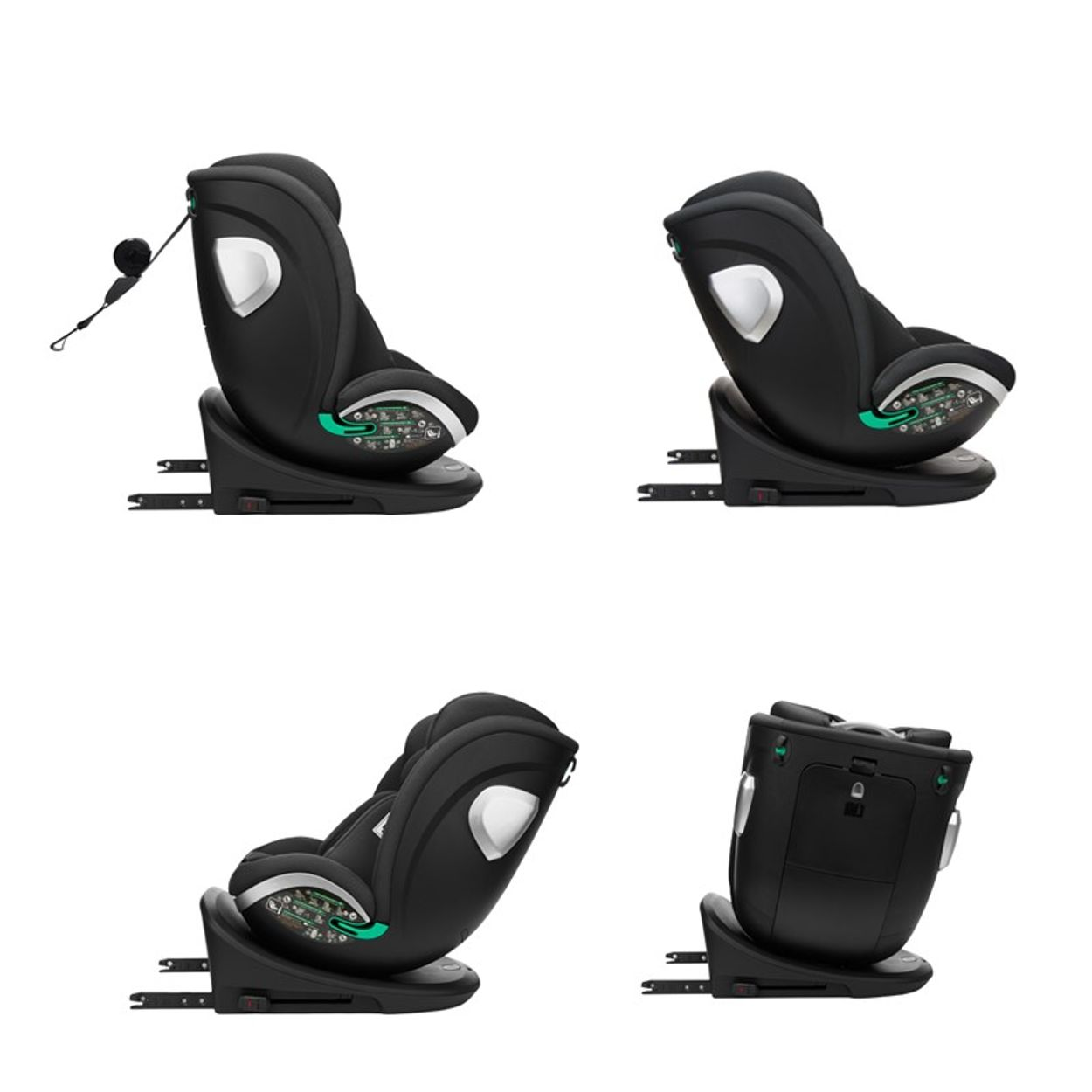 Cuatro vistas de una silla de coche negra. Está diseñado para proteger a los niños.