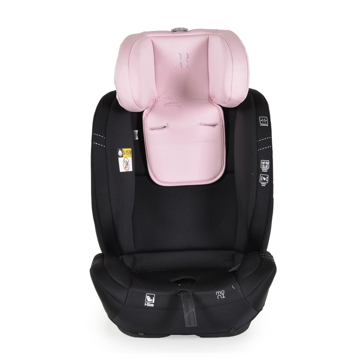 Schwarzer und rosa Babysitz. Rosa Kopfstütze und Sitz. Schwarze Sitzbasis. Weißer Hintergrund.