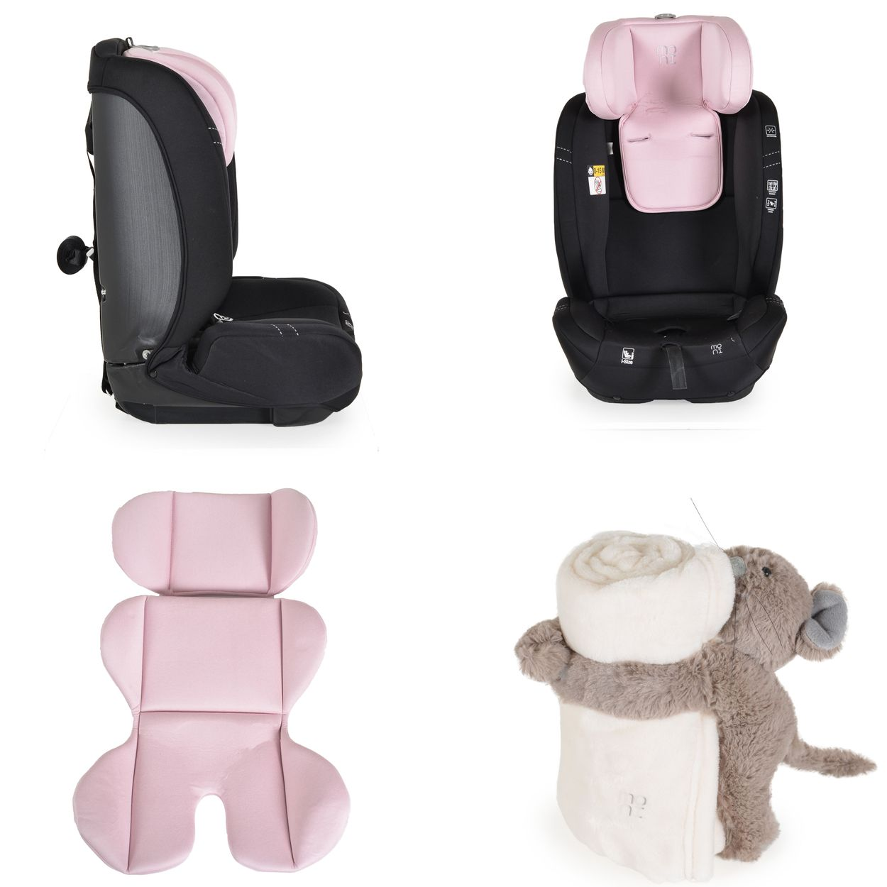 Autositzteile und Zubehör: Sitz, Einsatz und Stofftier. Alles ist rosa und schwarz. Weißer Hintergrund.