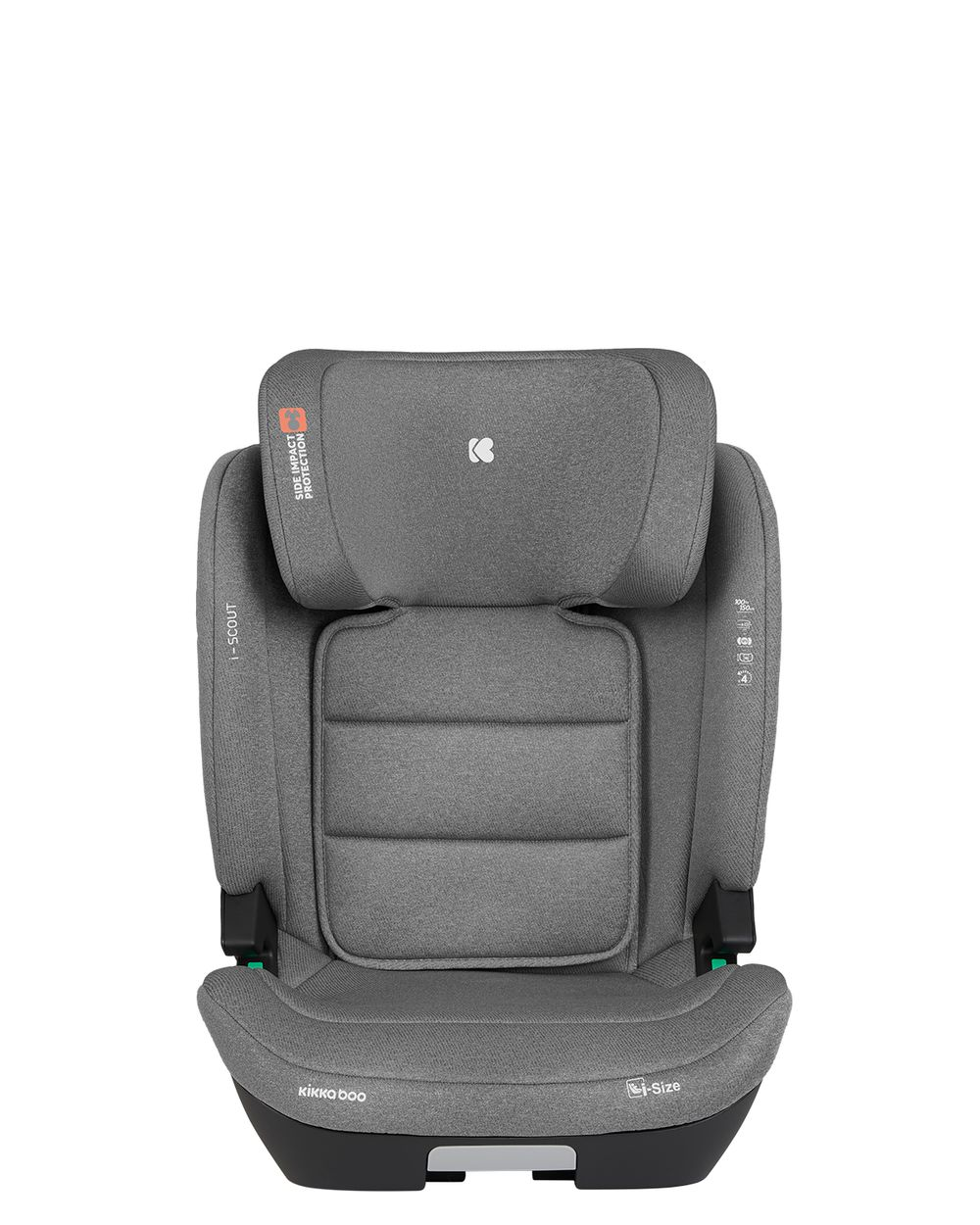 Una silla de coche gris con reposacabezas. Está diseñado para la protección contra impactos laterales. Fondo blanco.