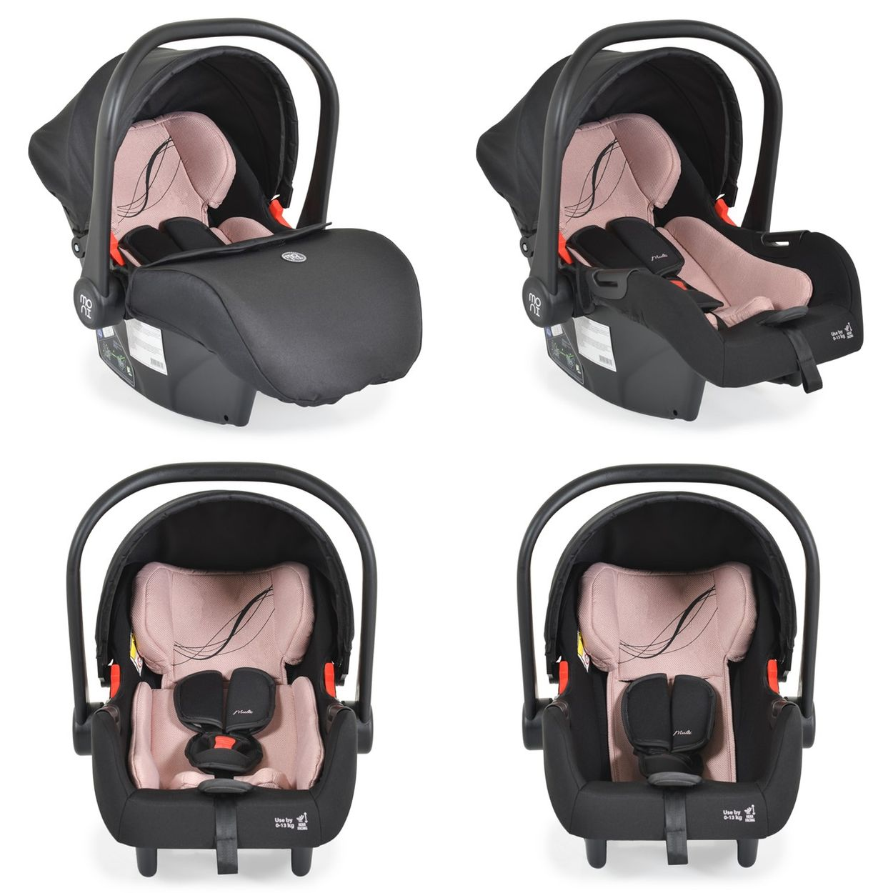 Schwarzer Babysitz mit offenem Verdeck. Rosa Innenraum. Mehrere Ansichten. Weißer Hintergrund.