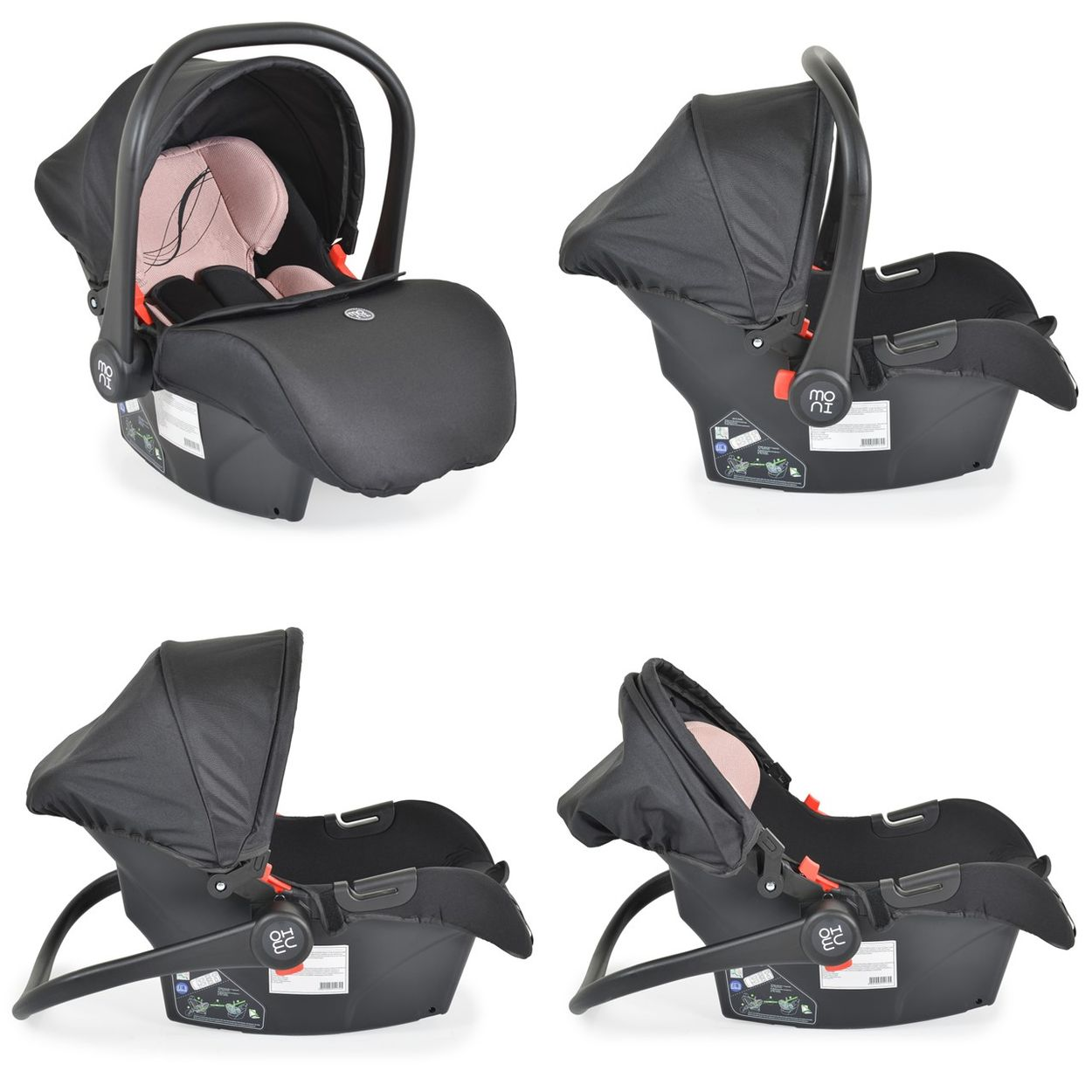 Schwarzer Babysitz mit offenem Verdeck. Mehrere Ansichten des Autositzes. Weißer Hintergrund.