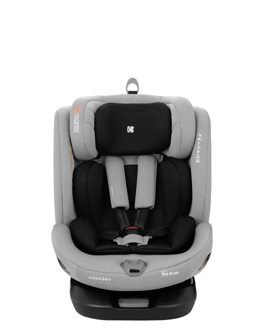 Grauer und schwarzer Babysitz. Schwarze Kopfstütze. Grauer Rahmen. Schwarze Gurte. Weißer Hintergrund.