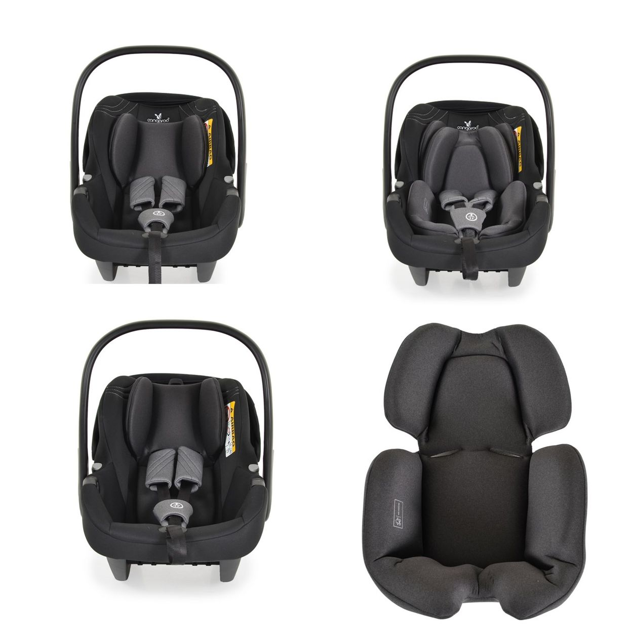 Asiento de coche para bebé negro. Múltiples vistas. Correas negras. Interior gris. Fondo blanco.