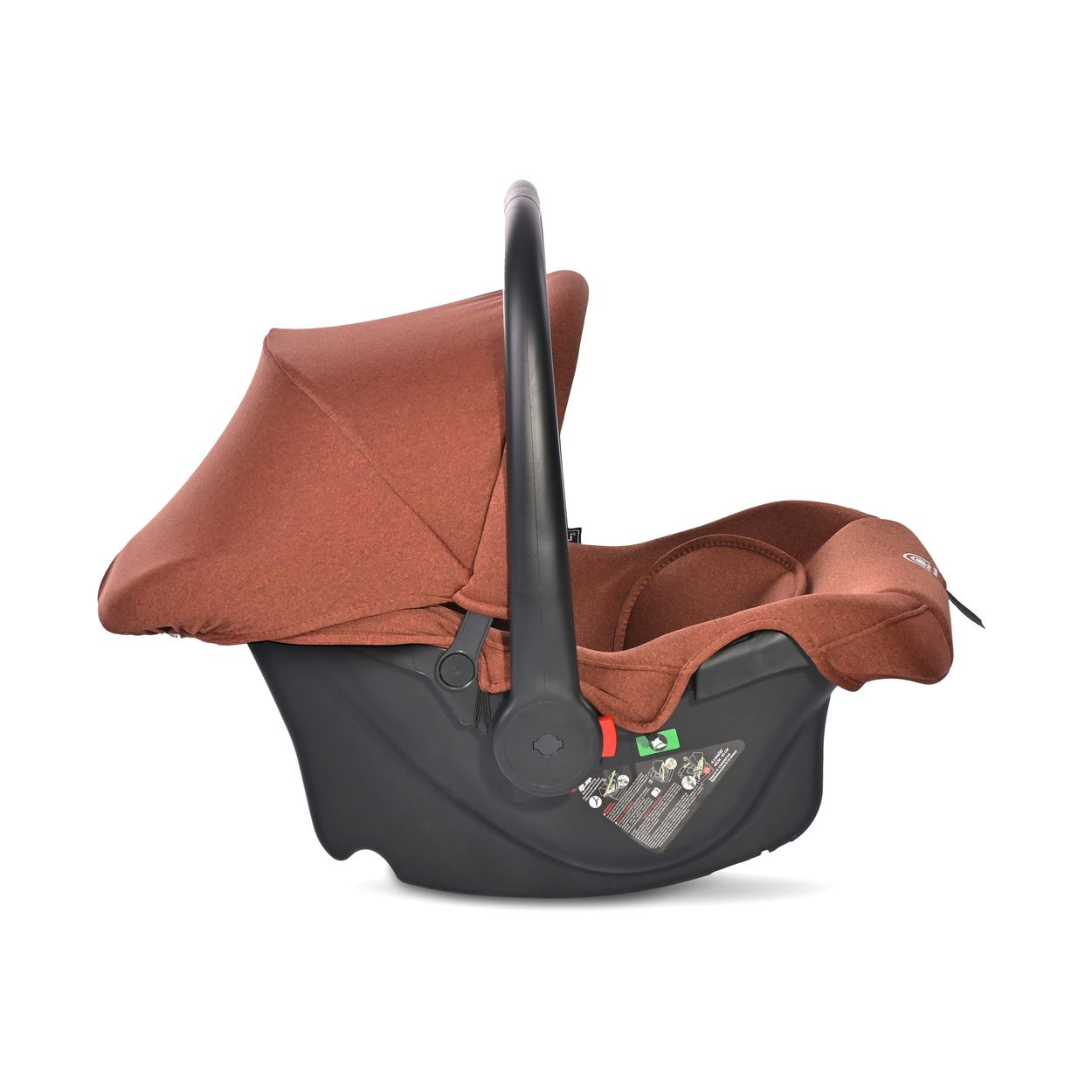 Ein Babysitz, schwarz mit braunem Verdeck. Der Sitz wird von der Seite gezeigt.