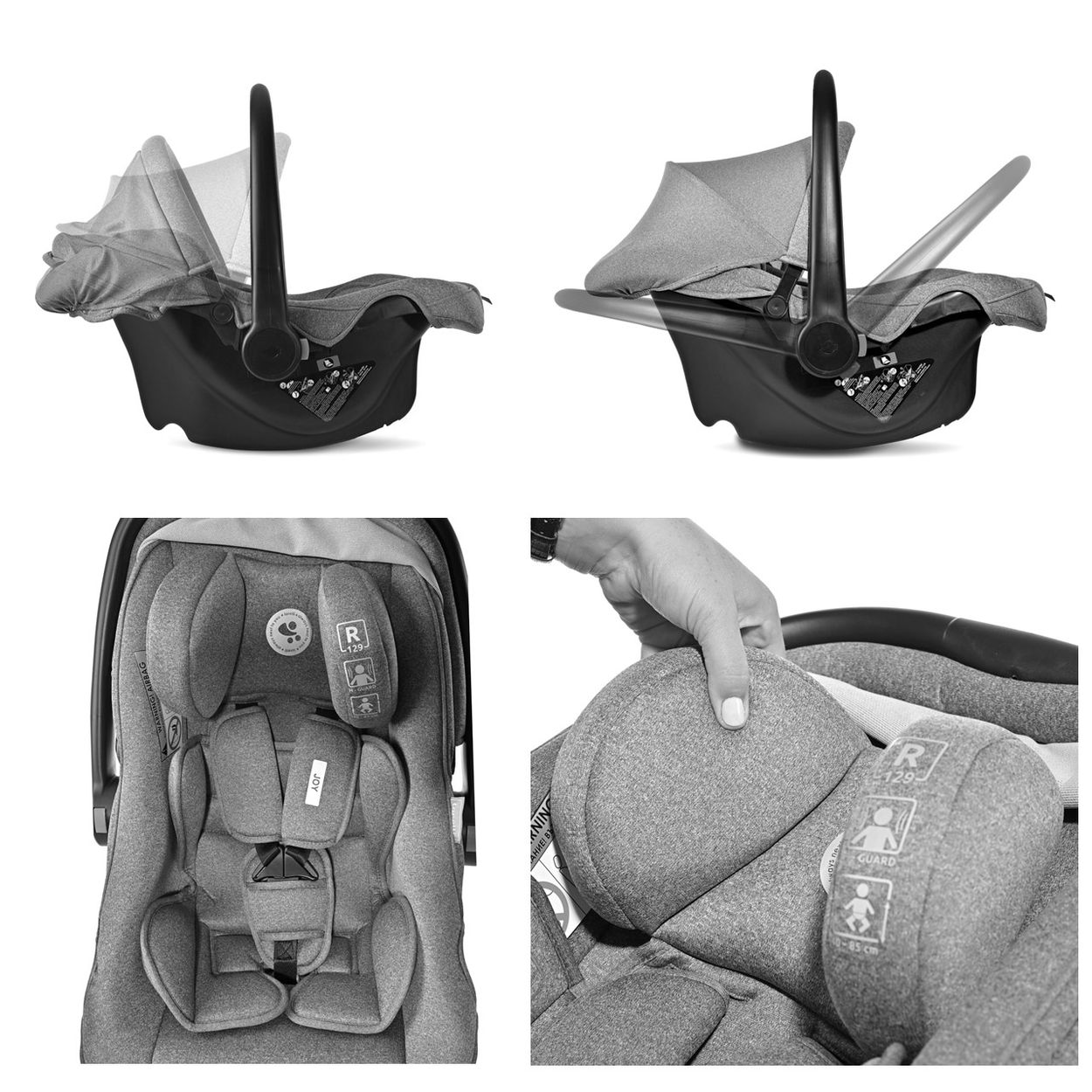 Schwarz-grauer Babysitz. Mehrere Ansichten. Schwarz-Weiß. Weißer Hintergrund.