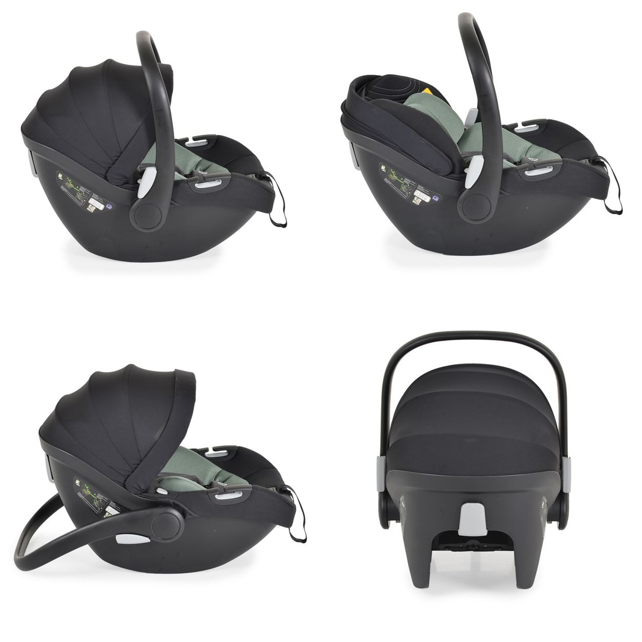 Schwarzer Babysitz mit Verdeck. Er hat einen Griff und grüne Polsterung. Der Sitz befindet sich auf weißem Hintergrund.