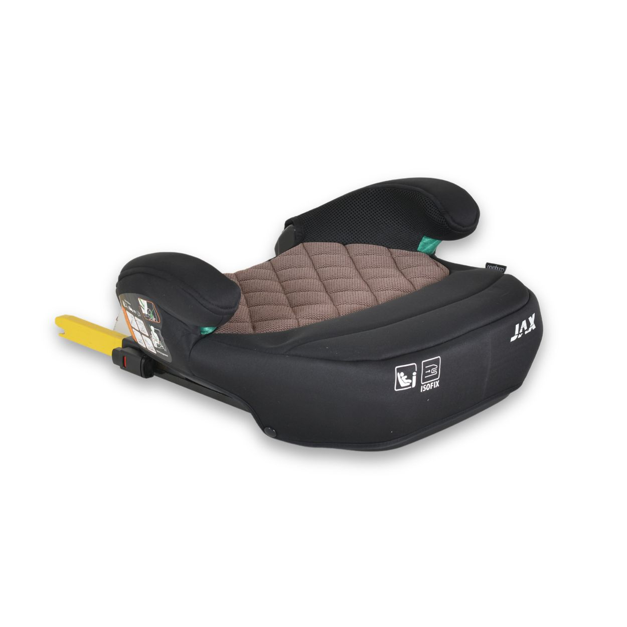 Schwarzer und brauner Kindersitz. Merkmale umfassen Armlehnen, Kopfstütze, ISOfix-Etikett und eine gelbe Freigabe. Weißer Hintergrund.