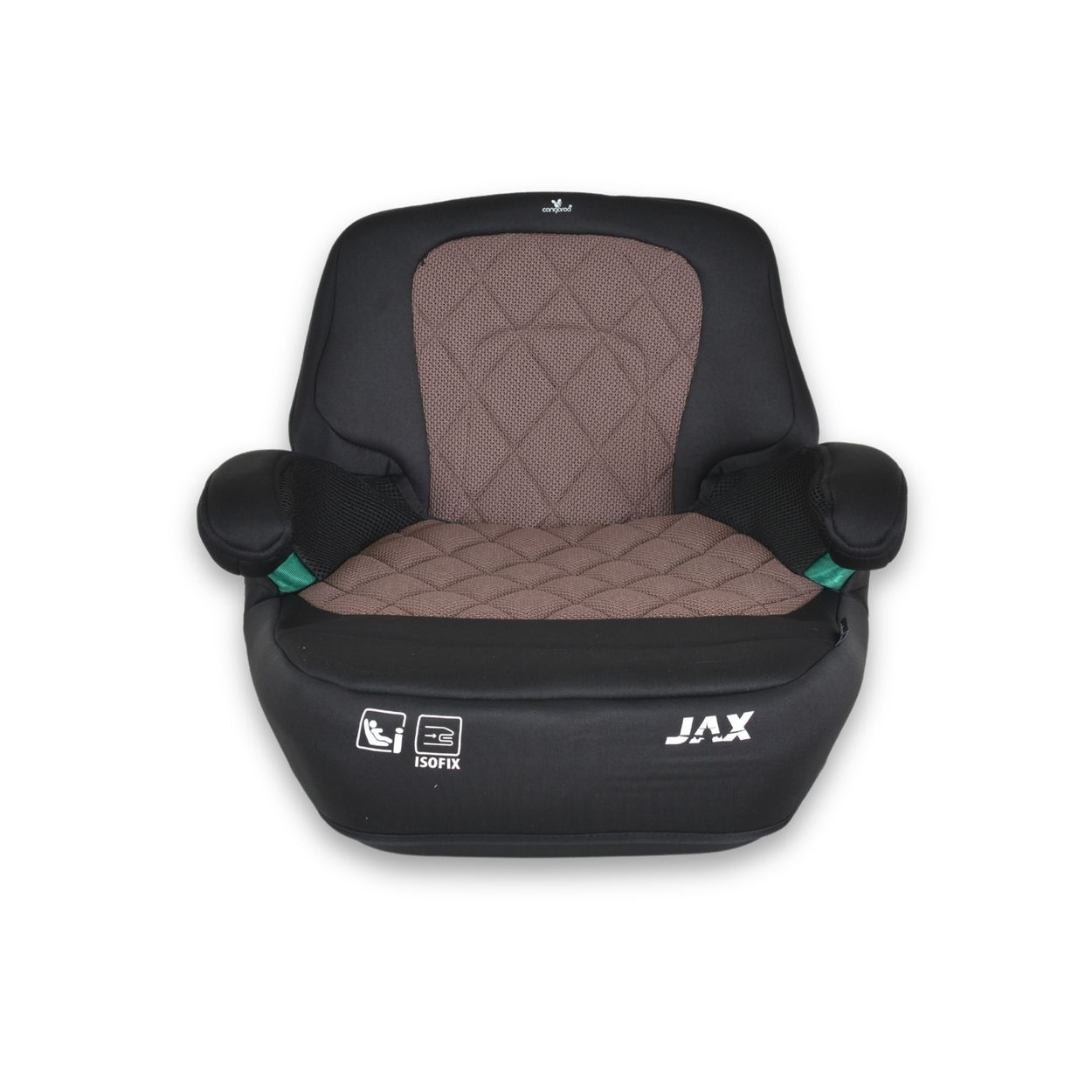 Schwarzer und brauner Kindersitz. Zu den Merkmalen gehören Armlehnen, Kopfstütze und ISOfix-Etikett. Der Sitz befindet sich auf weißem Hintergrund.