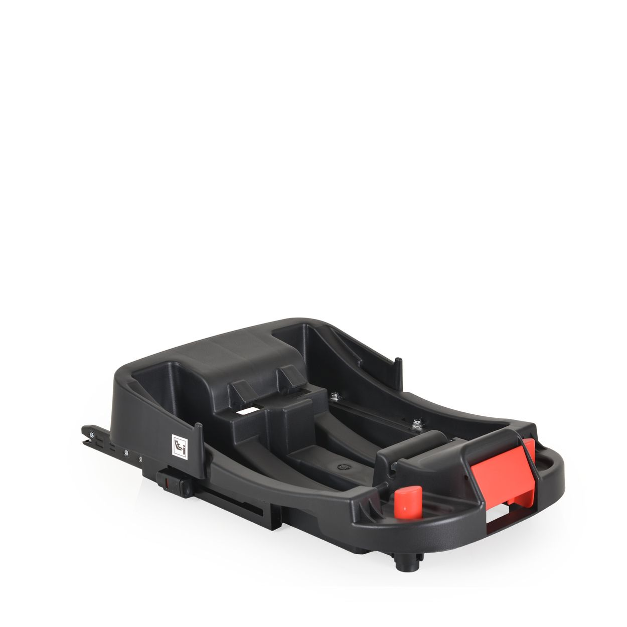 Eine schwarze Autositzbasis mit roten und schwarzen Akzenten. Sie hat einen roten Hebel und ist auf weißem Grund.