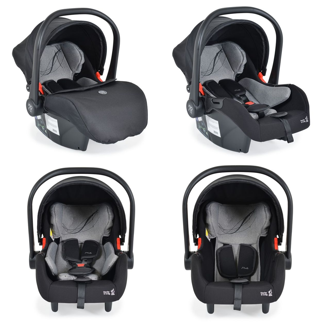 Vier Ansichten eines schwarzen Baby-Autositzes. Er hat einen Griff und ein Verdeck. Der Sitz befindet sich auf weißem Hintergrund.