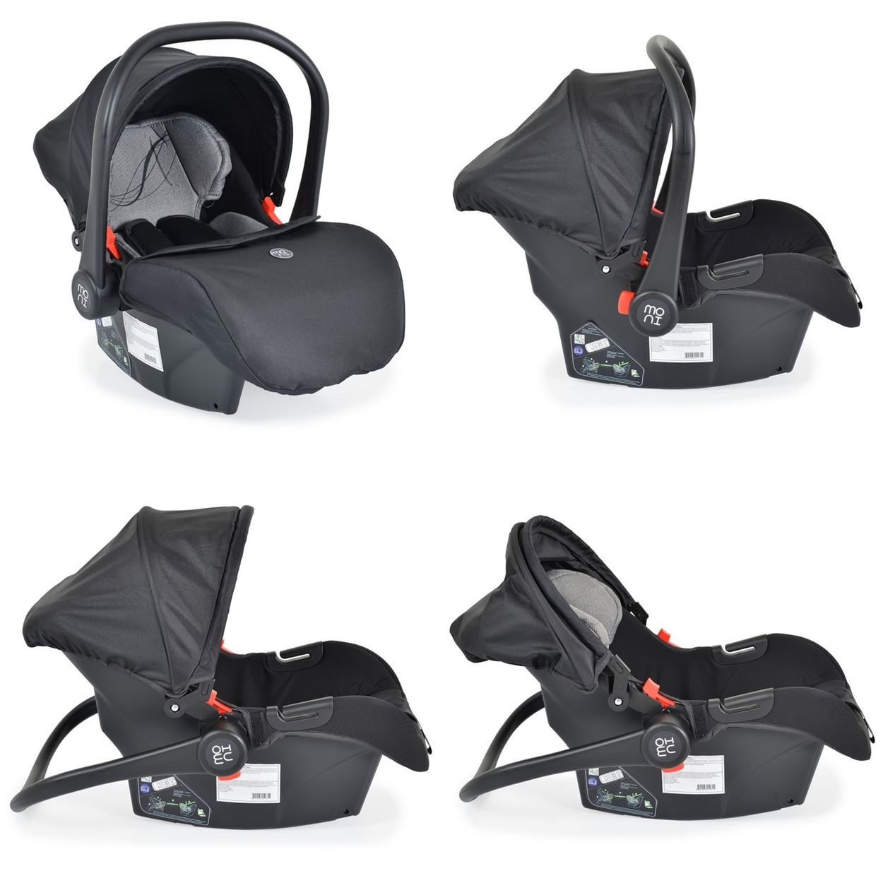 Vier Ansichten eines schwarzen Baby-Autositzes. Er hat einen Griff und ein Verdeck. Der Sitz befindet sich auf weißem Hintergrund.