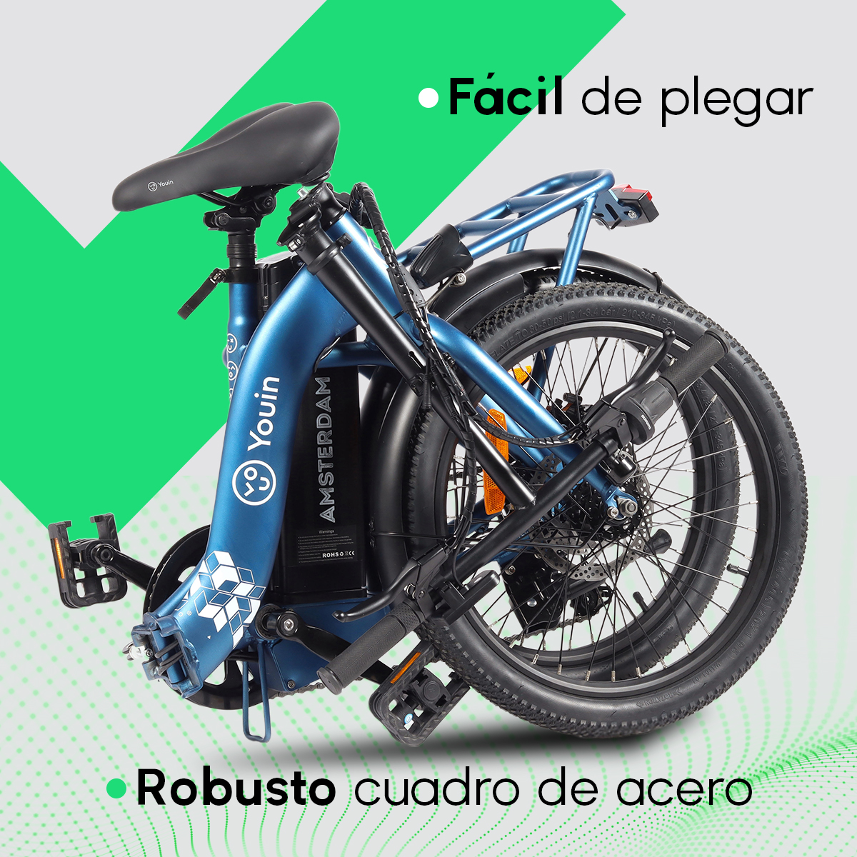 Una bicicleta eléctrica plegable azul, plegada. Texto: Plegable, Robusto cuadro de acero.