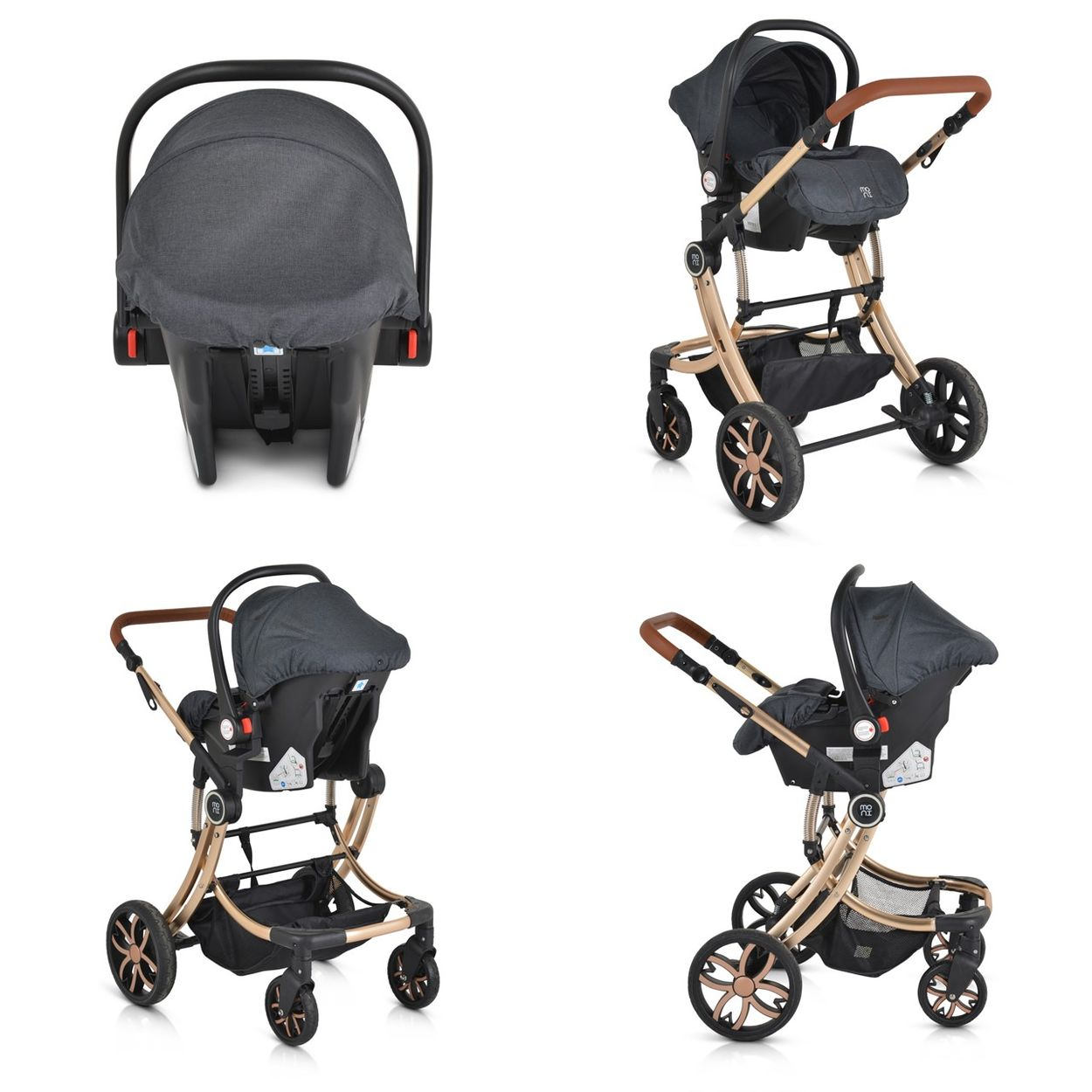 Vier Bilder eines Autositzes mit Kinderwagen-Gestell. Es ist dunkelgrau mit goldenen Akzenten und Rädern.