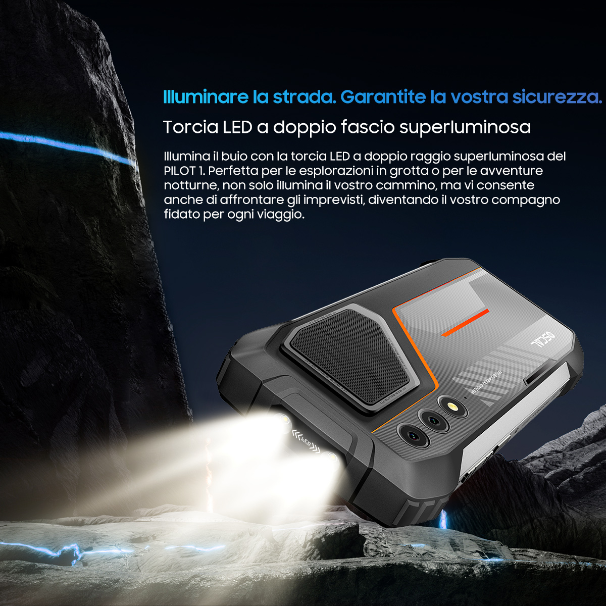 Un telefono con una torcia brilla. Testo: Torcia LED. Il telefono è nero e arancione, con un raggio luminoso.