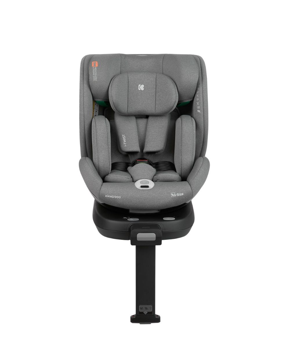 Asiento de coche gris sobre fondo blanco. Tiene reposacabezas, arnés y base negra.