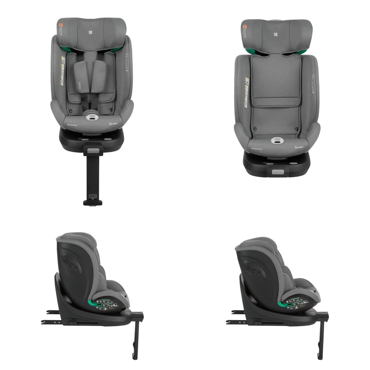 Cuatro vistas de una silla de coche gris sobre una base negra. Está diseñado para niños y tiene una base giratoria.