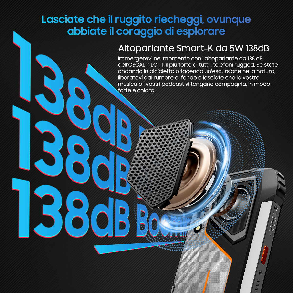 Telefono con altoparlante in mostra. Testo: 138dB. Il telefono è nero e arancione, con onde sonore.