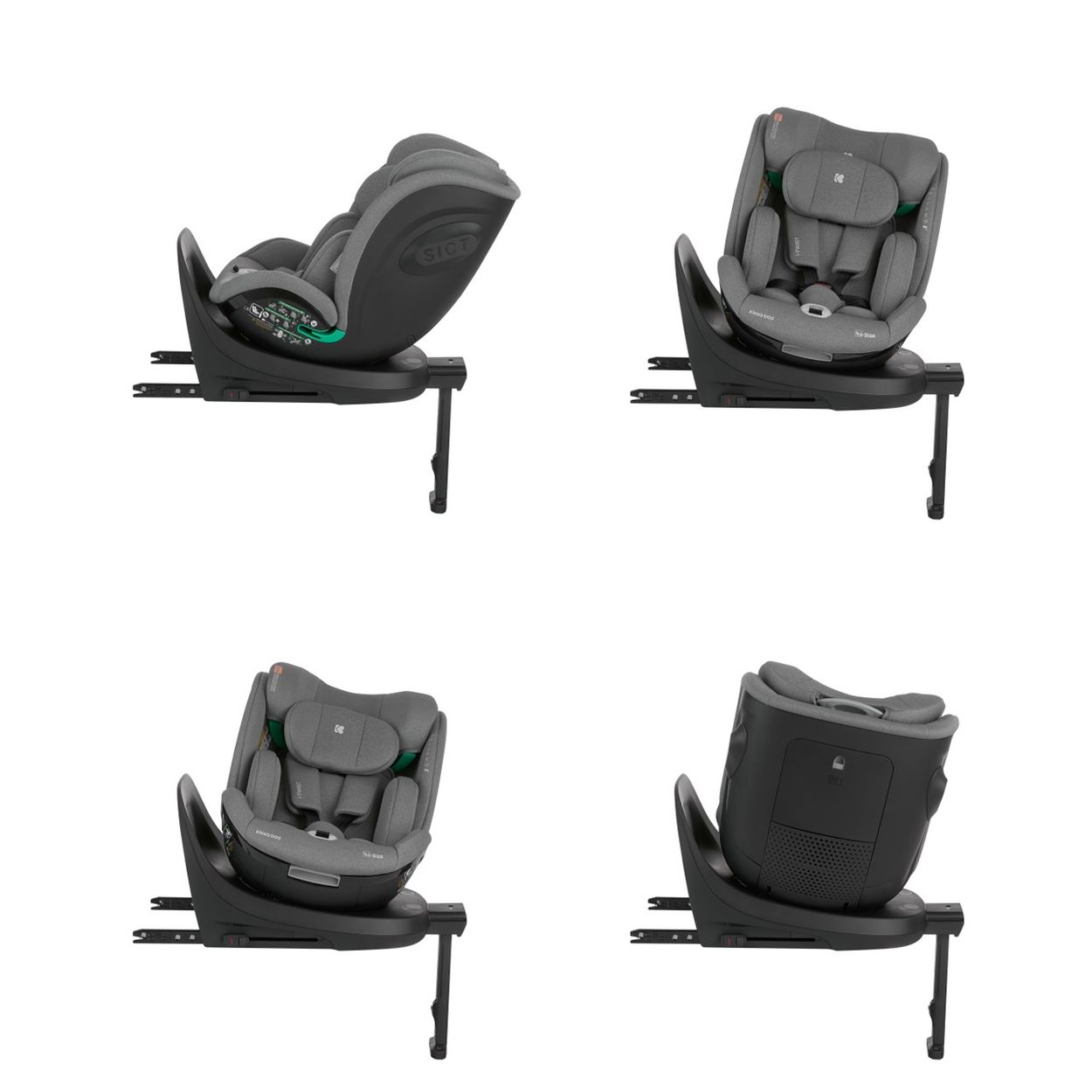 Cuatro imágenes de un asiento de coche gris en diferentes posiciones sobre fondo blanco. El asiento está sobre una base.