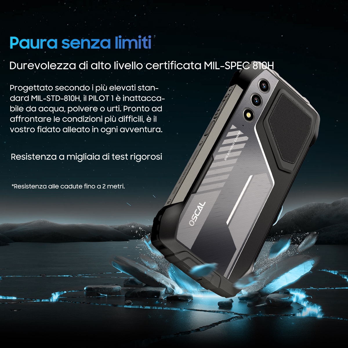 Un telefono robusto con schermo rotto. Testo sulla resistenza del telefono a urti e acqua.