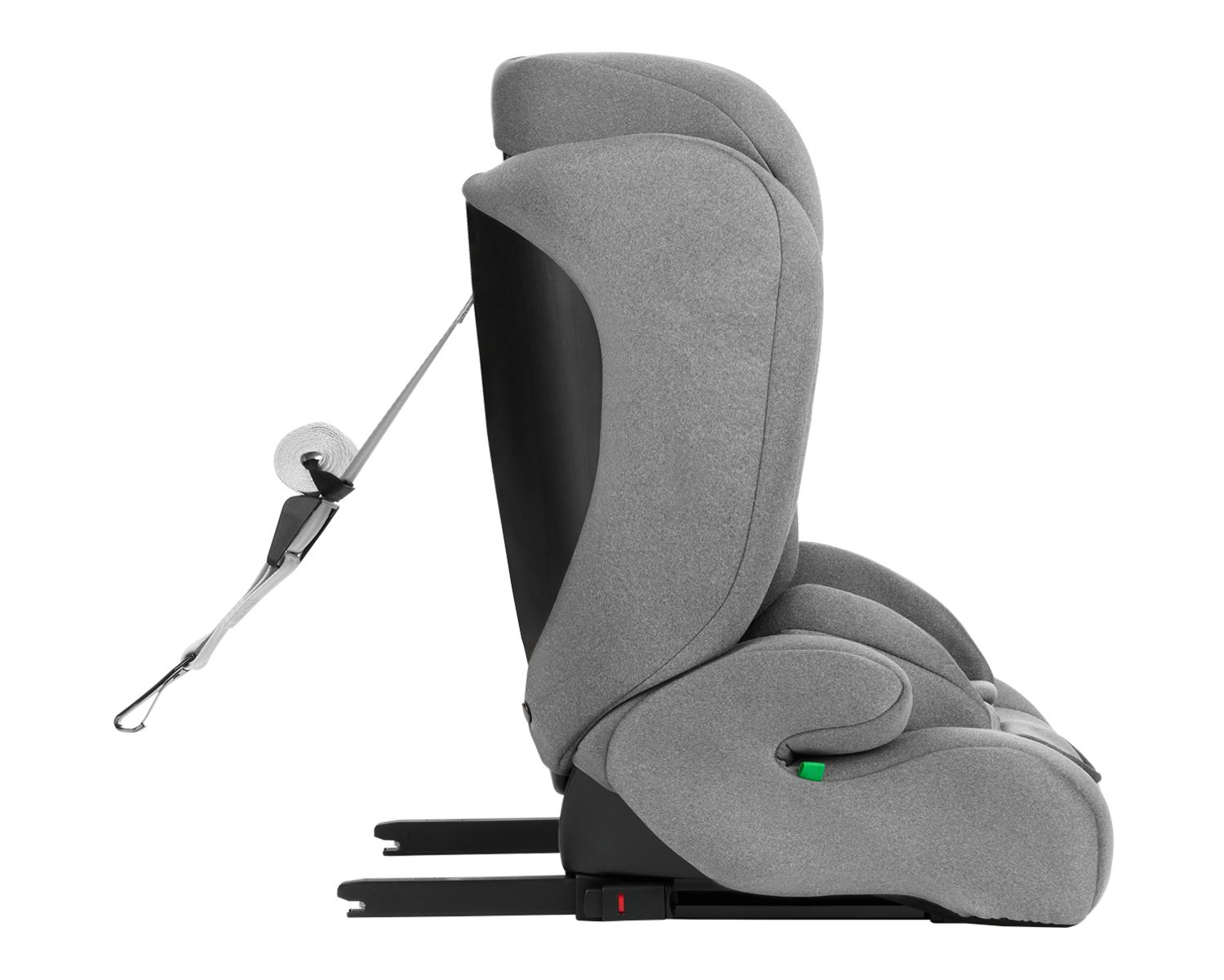 Grauer Autositz von der Seite, mit Sicherheitsgurtbefestigung und ISOFIX. Der Sitz ist grau.