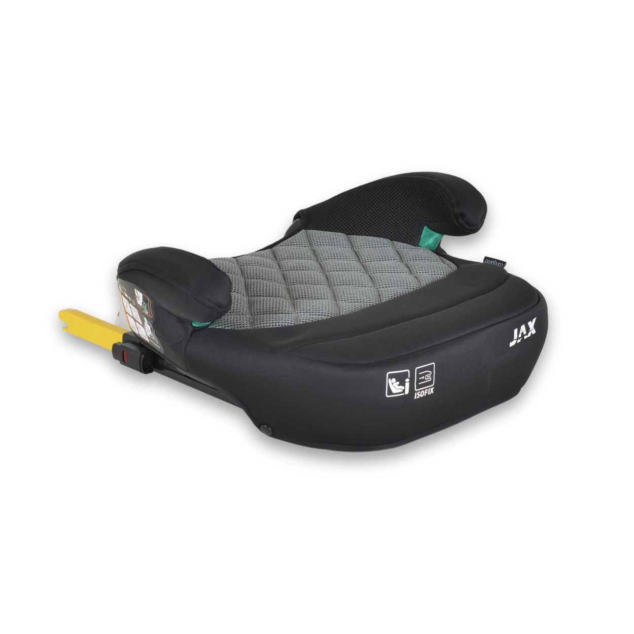 Ein schwarzer und grauer Kindersitz mit gelben Isofix-Befestigungen auf Weiß.